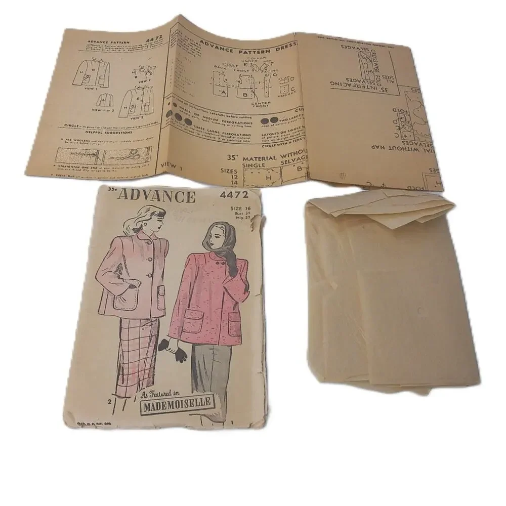Vintage 1940s Advance 4472 Boxy Car Coat Skirt Pattern Mademoiselle Bust 34